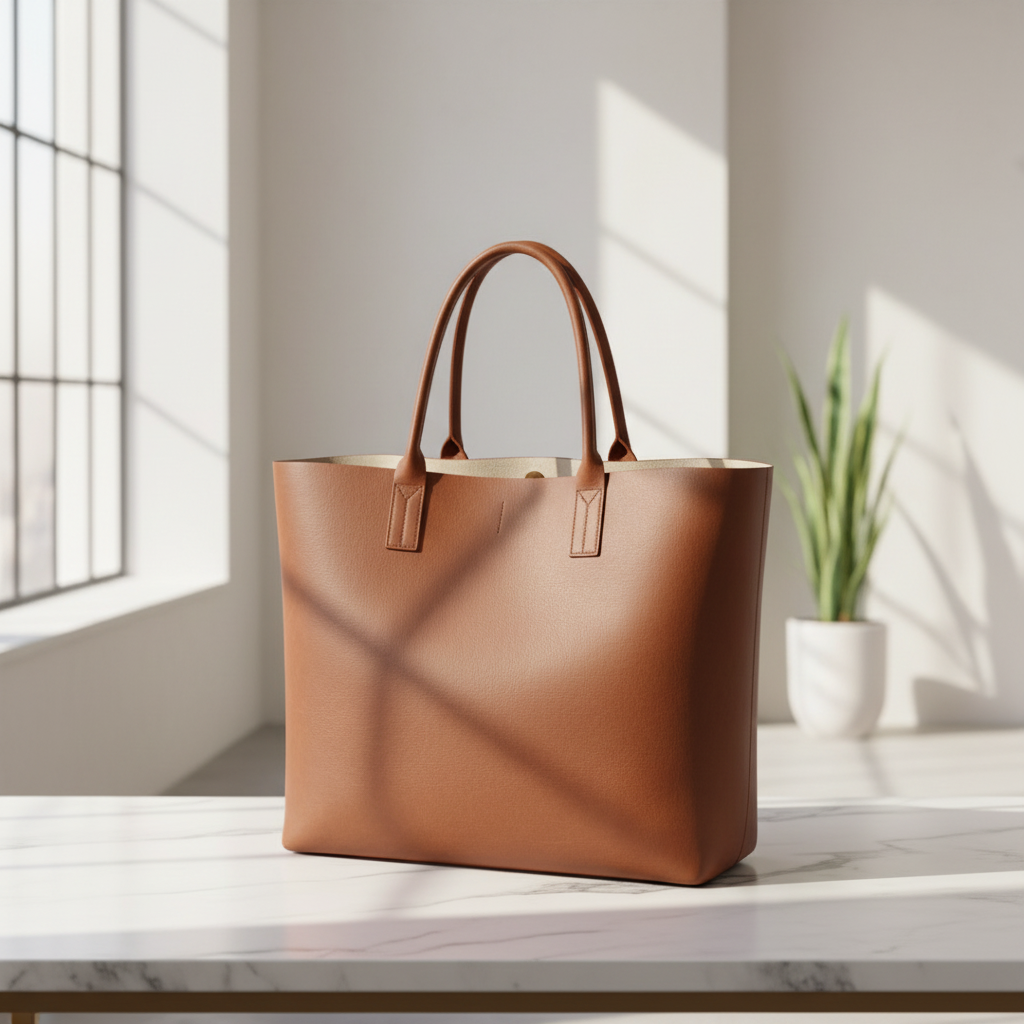 Brown Leather Tote Bag - Marble Background